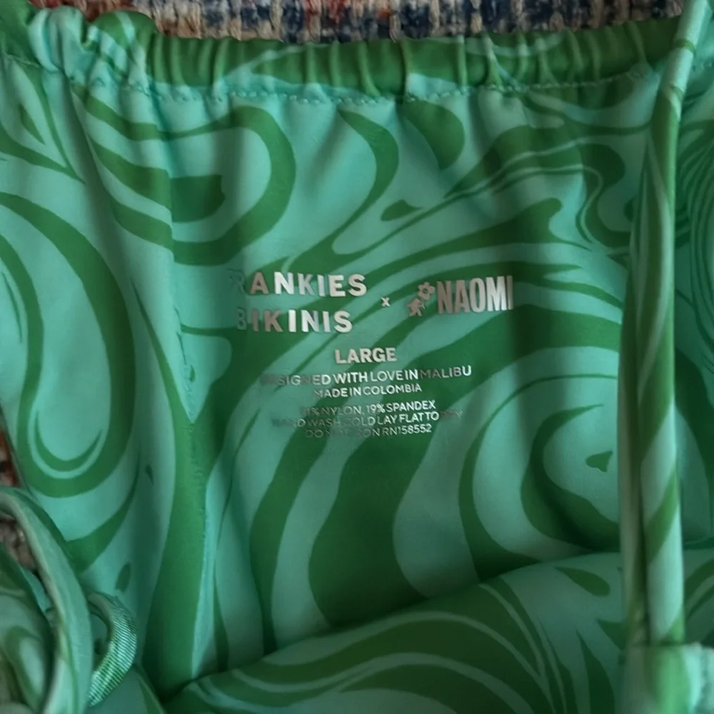 Frankies Bikinis x Naomi Tia Satin String Bikini Bottoms in Rainforest SZ L NWOT